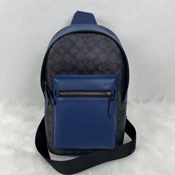 Coach Men's West Pack Colorblock Signature Canvas CAX45 Charcoal/Deep Blue NWT - Picture 1 of 8
